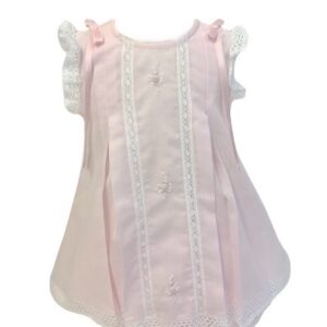 This is an absolutely beautiful pink dress with embroidered pink flowers with tiny white pearl accent, delicate white ribbon eyelet lace inserted vertically and on borders. This set has sweet white and pink ribbon details, ruffled capped sleeves and pleated throughout with button down back. Includes the sweetest matching bloomers. 65% polyester 35% cotton Made in Columbia Size- Newborn Sold by Alz's Baby Boutique