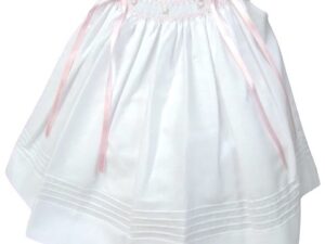 Another stunning angel sleeve bishop dress. This little beauty has intricate embroidered detail flowers on smocking with two satin bows accents with pearls. Rows of pleated tucks goes all around this sweet dress. This little dress has adorable ruffled capped short sleeves. Includes a detachable lined slip. 65% polyester 35% cotton  Made in Columbia Size- Newborn Sold by Alz's Baby Boutique