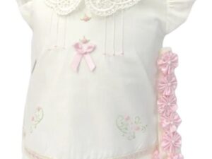 This is such a sweet ivory baby dress set. The dress has a beautiful cutout Ivy lace collar, pink embroidered flower details with dainty green leaves and scrolling. The eyelet lace is trimmed with a satin pink ribbon woven through the border of dress. Includes adorable matching bloomers and pink flower headband with pearl accents. 65% polyester 35% cotton Made in Columbia Size- Newborn Sold by Alz's Baby Boutique