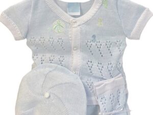 This is an absolutely adorable baby boys heirloom set! It's sweet baby blue knit is embroidered with the cutest details in a white trim. Comes with a perfect matching cap and booties with white satin bows. Size- Preemie Sold by Alz's Baby Boutique