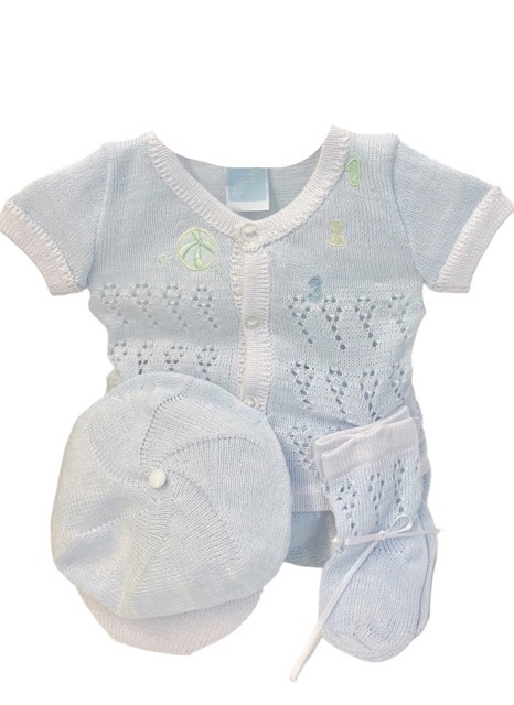 This is an absolutely adorable baby boys heirloom set! It's sweet baby blue knit is embroidered with the cutest details in a white trim. Comes with a perfect matching cap and booties with white satin bows. Size- Preemie Sold by Alz's Baby Boutique