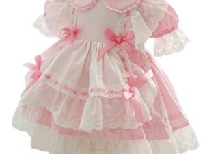 This absolutely beautiful vintage style baby apron dress has so many details! Featuring a peter style collar, trimmed with the most delicate scalloped lace. A double lining with eyelet ruffles throughout. Gathered puffed short sleeves, satin woven ribbons and bows with a button closure back and large tie bow.  Comes in Blue or Pink Size- 80cm (equivalent to 6-12m US) Sold by Alz's Baby Boutique