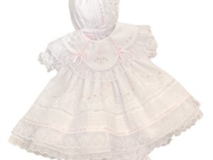 This set is beyond beautiful! This baby girls heirloom dress set, has layers upon layers of intricate and delicate lace trim weaved with gorgeous pink silk ribbons. This little dress has stunning embroidered flowers in pink and white, with tiny white seed pearl accents. This sweet dress has a scalloped lace trimmed collar with puffed and gathered short sleeves. This dress is fully lined with matching bloomers and the sweetest bonnet. 65% polyester 35% cotton Made in Columbia Size- Preemie, Newborn Sold by Alz's Nursery.com