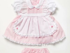 This baby girls dress set has such cute details. The white ruffled apron embroidered with the daintest little flowers is so adorable. This dress has the sweetest peter pan style collar, ruffled capped short sleeves, the prettiest pink material with ruffled trim and matching bloomers and headband with a beautiful little bow.   80% polyester 20% cotton Size 0-3m, 3-6m, 6-9m Imported from the UK Sold by Alz's Baby Boutique
