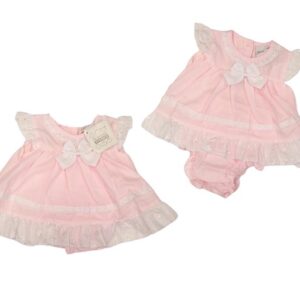 This tiny baby's dress has a beautiful soft pink color with white short ruffled capped sleeves and trim, intricate scalloped design details throughout, a sweet bow with a button closure back and matching bloomers. Such an adorable preemie set. 65% polyester 35% woven cotton Made in the UK Size 3-5lbs, 5-8lbs Sold by Alz's baby Boutique.