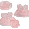 This tiny baby's dress set is absolutely stunning with the flower design broderie detail throughout the multiple pink layers of material. Trimmed with beautiful scalloped eyelet white lace, bows and ruffles. Has a sweet ruffled short sleeve and matching bloomers. A perfect set for your preemie. 65% polyester 35% woven cotton Made in the UK Size 3-5lbs, 5-8lbs Sold by Alz's Baby Boutique