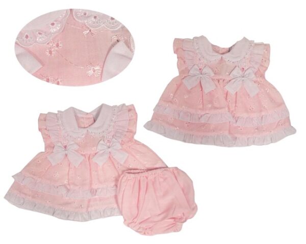 This tiny baby's dress set is absolutely stunning with the flower design broderie detail throughout the multiple pink layers of material. Trimmed with beautiful scalloped eyelet white lace, bows and ruffles. Has a sweet ruffled short sleeve and matching bloomers. A perfect set for your preemie. 65% polyester 35% woven cotton Made in the UK Size 3-5lbs, 5-8lbs Sold by Alz's Baby Boutique