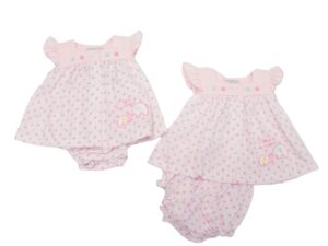 This adorable tiny baby's dress set has a light pink color with a dark pink polka dotted print, embroidered elephants, capped ruffled short sleeves, scooped neck with button down front and matching bloomers with gathered legs. Such a beautiful preemie set. 65% polyester 35% woven cotton Made in the UK Size 3-5lbs, 5-8lbs Sold by Alz's baby Boutique.