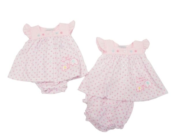 This adorable tiny baby's dress set has a light pink color with a dark pink polka dotted print, embroidered elephants, capped ruffled short sleeves, scooped neck with button down front and matching bloomers with gathered legs. Such a beautiful preemie set. 65% polyester 35% woven cotton Made in the UK Size 3-5lbs, 5-8lbs Sold by Alz's baby Boutique.