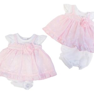 This tiny baby's dress features a layered white and pink design with embroidered detailing beautiful rose bud flower and tons of ruffles. This set has a gathered short sleeves with a scooped neck, buttons at the back with matching bloomers with a gathered legs making this one adorable preemie set. 65% polyester 35% woven cotton Made in the UK Size 3-5lbs. 5-8lbs Sold by Alz's Baby Boutique.