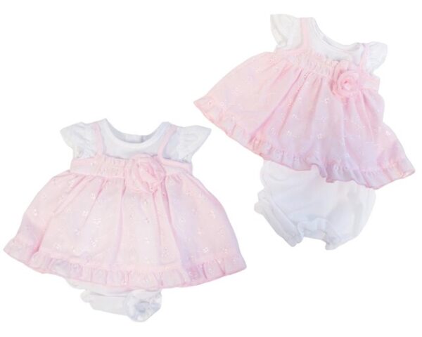 This tiny baby's dress features a layered white and pink design with embroidered detailing beautiful rose bud flower and tons of ruffles. This set has a gathered short sleeves with a scooped neck, buttons at the back with matching bloomers with a gathered legs making this one adorable preemie set. 65% polyester 35% woven cotton Made in the UK Size 3-5lbs. 5-8lbs Sold by Alz's Baby Boutique.