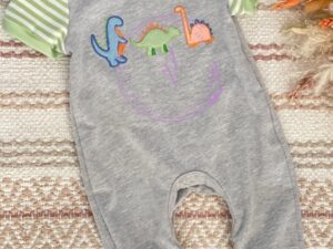 This soft little gray baby romper has adorable green and white striped short sleeves and trim with easy open snap closure. The adorable dinosaurs is such a cute touch. Body: 97% Cotton 3%Spandex/COMBO: 95% Polyester  5%Spandex  Size 3m, 6m, 12m Sold by Alz's baby Boutique
