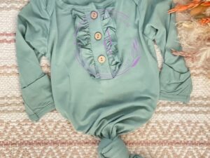 This baby gown is so incredibly soft with its sage green bamboo fabric. the turn over mittens, ruffles and buttons are such a special touch.  Size 0-6m  Sold by Alz's Baby Boutique