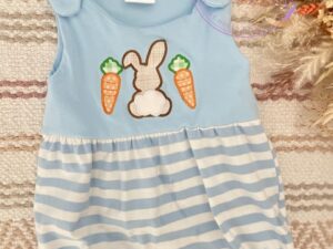 This is such an adorable baby blue and white striped romper. With its cute little baby bunny and carrot embroidered in the bib you little one will look so cute. 95% polyester 5% spandex Size 3m Sold by Alz's Baby Boutique
