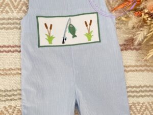 Your little baby bob will look so handsome wearing this denim blue sleeveless romper with the cutest fishing rod, fish and cat tails embroidered design. 100% cotton Size 3m Sold by Alz's Baby Boutique