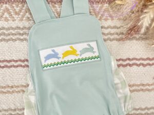 This adorable little baby romper has the sweetest embroidered bunnies on the bib, of these sage green overalls. With the white and green striped design on the sides and the cute zig zag details, truly makes for the perfect holiday outfit or for anyday. 95% COTTON 5% SPANDEX Size 3m, 6m Sold by Alz's Baby Boutique