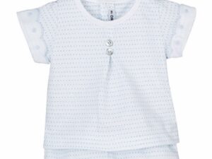 A perfect two piece pajama set for your little preemie. This sweet pairing has an adorable scalloped short sleeve trim with a white and blue polka dotted print throughout. Comes with a matching pair of shorts 100% cotton Made in Spain Size- Preemie Sold by Alz's Baby Boutique