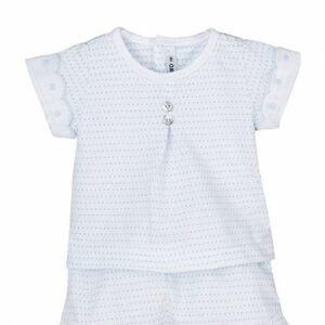 A perfect two piece pajama set for your little preemie. This sweet pairing has an adorable scalloped short sleeve trim with a white and blue polka dotted print throughout. Comes with a matching pair of shorts 100% cotton Made in Spain Size- Preemie Sold by Alz's Baby Boutique