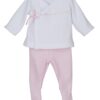 This is an adorable two piece preemie set. This little outfit has an apron style tie top with long sleeves with a decorative lace border, a satin ribbon and bow. Comes with a matching complimentary colored pair of gaiters. Perfect for baby to snuggle in. Available in pink or blue. 100% cotton Made in Spain Size- Preemie Sold by Alz's Baby Boutique