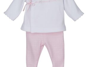 This is an adorable two piece preemie set. This little outfit has an apron style tie top with long sleeves with a decorative lace border, a satin ribbon and bow. Comes with a matching complimentary colored pair of gaiters. Perfect for baby to snuggle in. Available in pink or blue. 100% cotton Made in Spain Size- Preemie Sold by Alz's Baby Boutique