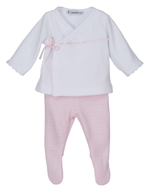 This is an adorable two piece preemie set. This little outfit has an apron style tie top with long sleeves with a decorative lace border, a satin ribbon and bow. Comes with a matching complimentary colored pair of gaiters. Perfect for baby to snuggle in. Available in pink or blue. 100% cotton Made in Spain Size- Preemie Sold by Alz's Baby Boutique