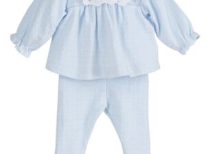 This adorable two piece gaiter set has a beautiful textured print with gathered long sleeves and an eyelet ruffled collar. Perfect for any occasion. Available in baby blue or a soft pink color. 100% cotton Made in Spain Size- Preemie Sold by Alz's Baby Boutique