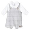 This is such a handsome two piece set for your baby boy! Comes with a white long sleeve, pointed collar top and a gray and white tartan print short overalls with wooden button details. 100% cotton Made in Spain Size- 1m Sold by Alz's Baby Boutique