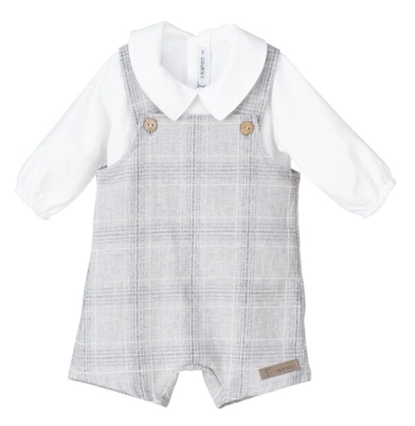 This is such a handsome two piece set for your baby boy! Comes with a white long sleeve, pointed collar top and a gray and white tartan print short overalls with wooden button details. 100% cotton Made in Spain Size- 1m Sold by Alz's Baby Boutique