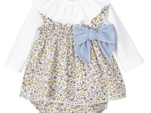 This is such an adorable three piece baby romper set. Comes with a long sleeve white ruffled collar top, suspender style dress overlay with a smocked trim with intricate floral designs and a large blue bow to complete the look. Also includes matching bloomers. Perfect for any occasion 100% cotton Made in Spain Size- 1m Sold by Alz's Baby Boutique
