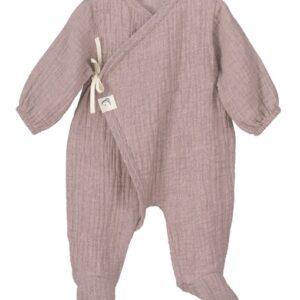 This little sleeper has a simple neutral design with a tie wrap closure. These sweet pajamas are simply perfect for snuggling your newborn. Available in rose, tan, coco or denim blue. 100% cotton Made in Spain Size- Newborn   Sold by Alz's Baby Boutique