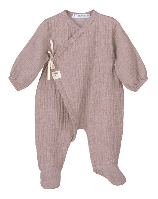 This little sleeper has a simple neutral design with a tie wrap closure. These sweet pajamas are simply perfect for snuggling your newborn. Available in rose, tan, coco or denim blue. 100% cotton Made in Spain Size- Newborn   Sold by Alz's Baby Boutique