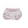 Rose Colored flower printed baby bloomers with a pleated and ruffled rump. Sold by Alz's Baby Boutique