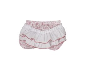 Rose Colored flower printed baby bloomers with a pleated and ruffled rump. Sold by Alz's Baby Boutique