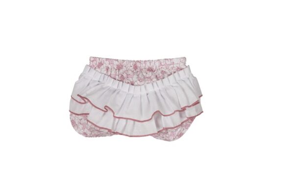 Rose Colored flower printed baby bloomers with a pleated and ruffled rump. Sold by Alz's Baby Boutique
