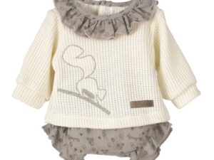 This is an absolutely adorable baby girls two piece romper set! Features a cream colored blouse with ballooned long sleeves with the cutest squirrel design. The neck line is trimmed with a tan colored printed ruffle. Comes with a matching pair of bloomers with ruffled legs 50%Visco 27%Nylon 23%Polyester Made in Spain Size- 1m, 3m Sold by Alz's Baby Boutique
