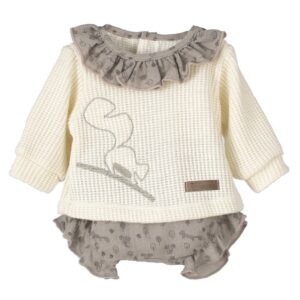 This is an absolutely adorable baby girls two piece romper set! Features a cream colored blouse with ballooned long sleeves with the cutest squirrel design. The neck line is trimmed with a tan colored printed ruffle. Comes with a matching pair of bloomers with ruffled legs 50%Visco 27%Nylon 23%Polyester Made in Spain Size- 1m, 3m Sold by Alz's Baby Boutique