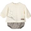 This is an absolutely adorable baby boys two piece romper set! Features a cream colored blouse with ballooned long sleeves with the cutest squirrel design. Comes with a matching pair of bloomers in a tan color print design. 50%Visco 27%Nylon 23%Polyester Made in Spain Size- 1m, 3m Sold by Alz's Baby Boutique