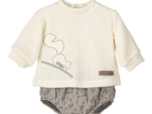 This is an absolutely adorable baby boys two piece romper set! Features a cream colored blouse with ballooned long sleeves with the cutest squirrel design. Comes with a matching pair of bloomers in a tan color print design. 50%Visco 27%Nylon 23%Polyester Made in Spain Size- 1m, 3m Sold by Alz's Baby Boutique