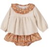 This is an adorable two piece baby set! Features a cream colored blouse with long sleeves and a terracotta ruffle print collar. Comes with a matching pair of ruffled bloomers.  Size- 1m, 3m 80%Cotton 20%Polyester Made in Spain Sold by Alz's Baby Boutique