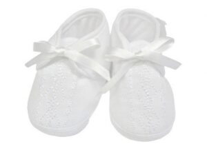 Charming baby boys white soft shoes with elegant embroidered details and ties with satin shoelaces. Newborn in size Size- 0/15 100% cotton Made in Columbia Sold by Alz's Baby Boutique