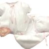This adorable & sweet five piece baby take me home set includes, beautiful dress with short puffed and gathered sleeves, an overlay with embroidered details and elegant white lace insert, satin ribbon details. Matching bonnet & bloomers, bib and elegant matching blanket all inside a tulle sack included. Newborn in size. Made in Columbia Sold by Alz's Baby Boutique