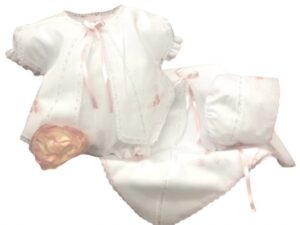 This adorable & sweet five piece baby take me home set includes, beautiful dress with short puffed and gathered sleeves, an overlay with embroidered details and elegant white lace insert, satin ribbon details. Matching bonnet & bloomers, bib and elegant matching blanket all inside a tulle sack included. Newborn in size. Made in Columbia Sold by Alz's Baby Boutique