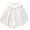 Story book beautiful baby dress has yellow embroidered ducks among pastel color flowers with delicate round collar, dress has scallop border pink trim. Fully lined. Available in sizes Preemie, Newborn Made in Columbia Sold by Alz's Baby Boutique