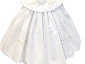 Story book beautiful baby dress has yellow embroidered ducks among pastel color flowers with delicate round collar, dress has scallop border pink trim. Fully lined. Available in sizes Preemie, Newborn Made in Columbia Sold by Alz's Baby Boutique