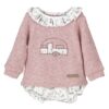 An adorable two piece long sleeved romper set featuring the softest rose colored top with an embroidered trailer design and ruffled collar. Comes with matching bloomers with a delicate outdoors print. Sold by Alz's Baby Boutique