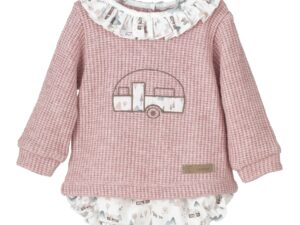 An adorable two piece long sleeved romper set featuring the softest rose colored top with an embroidered trailer design and ruffled collar. Comes with matching bloomers with a delicate outdoors print. Sold by Alz's Baby Boutique