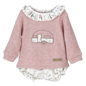 An adorable two piece long sleeved romper set featuring the softest rose colored top with an embroidered trailer design and ruffled collar. Comes with matching bloomers with a delicate outdoors print. Sold by Alz's Baby Boutique