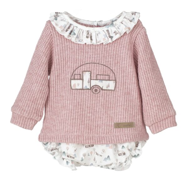 An adorable two piece long sleeved romper set featuring the softest rose colored top with an embroidered trailer design and ruffled collar. Comes with matching bloomers with a delicate outdoors print. Sold by Alz's Baby Boutique