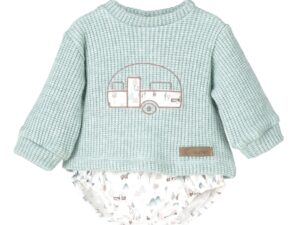 An adorable two piece romper set featuring the softest mint colored top with the cutest embroidered trailer design and matching bloomers