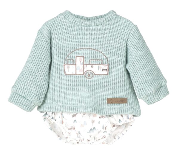 An adorable two piece romper set featuring the softest mint colored top with the cutest embroidered trailer design and matching bloomers